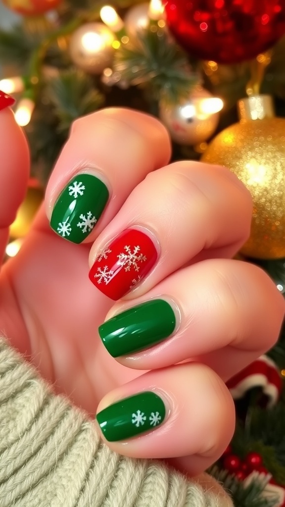 Short Christmas nails with red and green OPI polish, decorated with snowflakes and glitter.